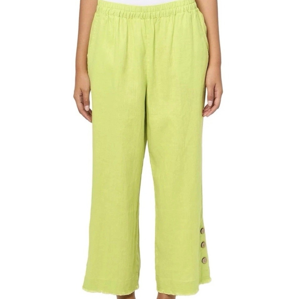 Ali Miles Lime Womens Cropped Linen Blend Pockets Wide Leg Artsy Fringe Pants 2X - Picture 2 of 16